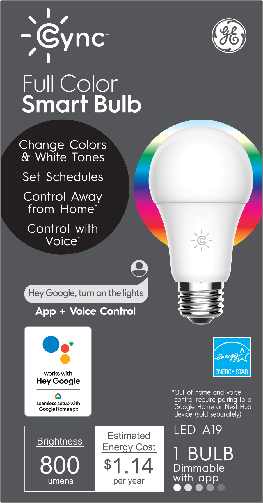 GE CYNC Smart Light Bulb, Full Color, App and Voice Control, Works with Google, 1pk - image 1 of 7