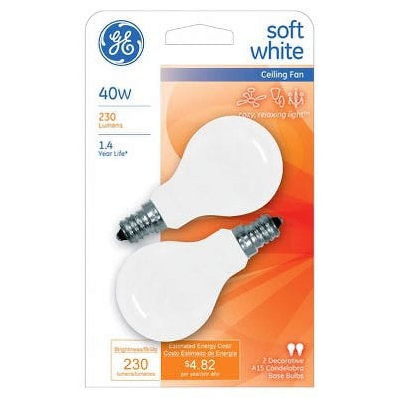 GE Ceiling Fan Light Bulbs, White, CandelabraBase, 40Watts, 2Pk. 1