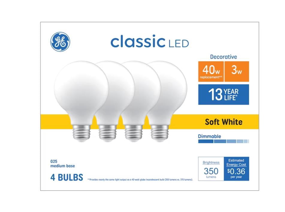 GE Classic 40-Watt EQ G25 Soft White Medium Base (e-26) Dimmable LED Light Bulb (4-Pack)Item #5181339 Model #93131042