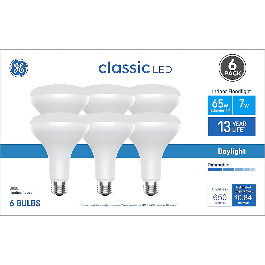 GE Classic 65W Equivalent Daylight BR30 Dimmable LED Light Bulb, Medium Base (E26), 6-Pack