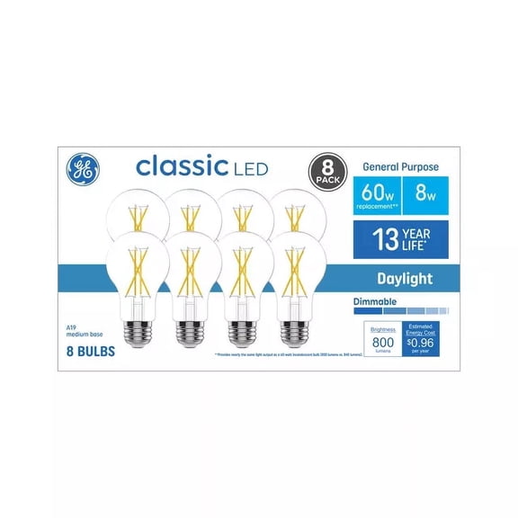 GE Classic LED 60-Watt Dimmable Bright White A19 Glass Light Bulbs 800lm~8-Pack