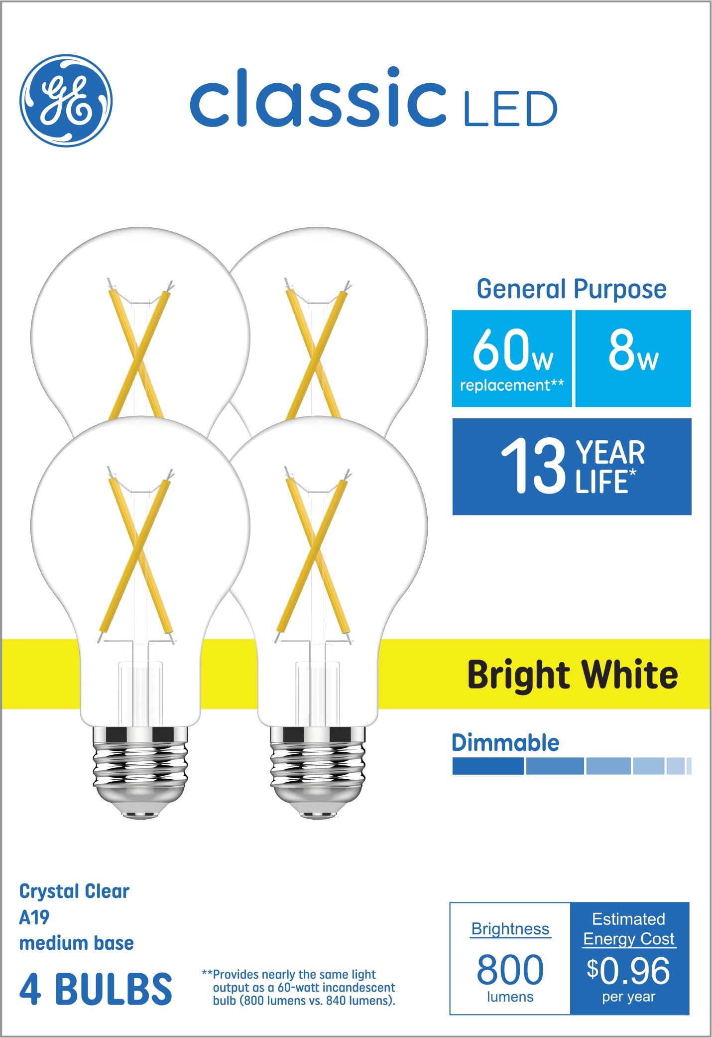 GE Classic Bright White LED Light Bulbs, 60 Watts Eqv, General Purpose