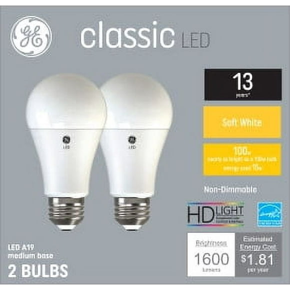 GE Classic LED 100 Watt Replacement, Soft White, A19+ General Purpose Bulbs (2 Pack)