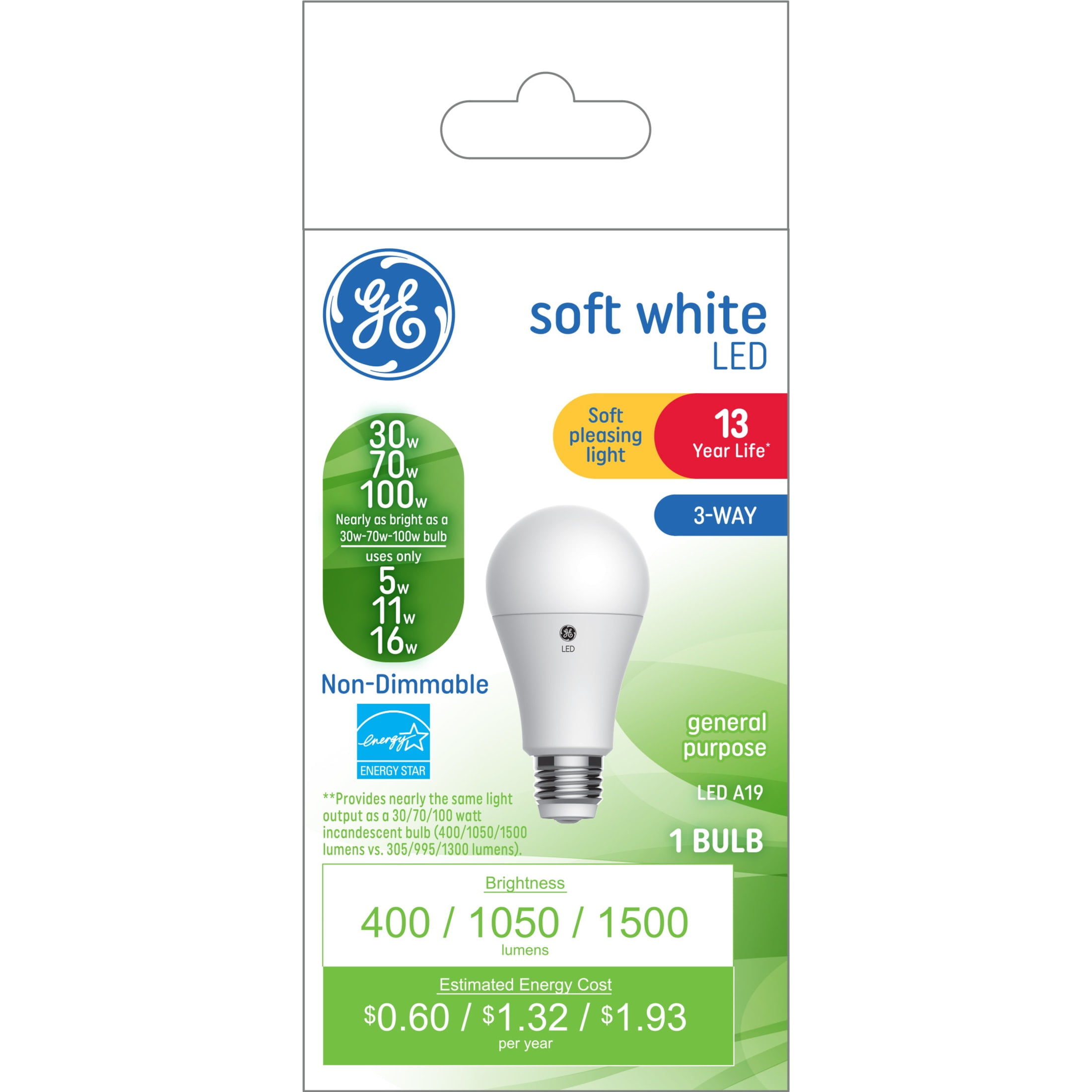 GE Classic LED 3Way Light Bulb, 100/70/30 Watt, Soft White, A19 Bulb