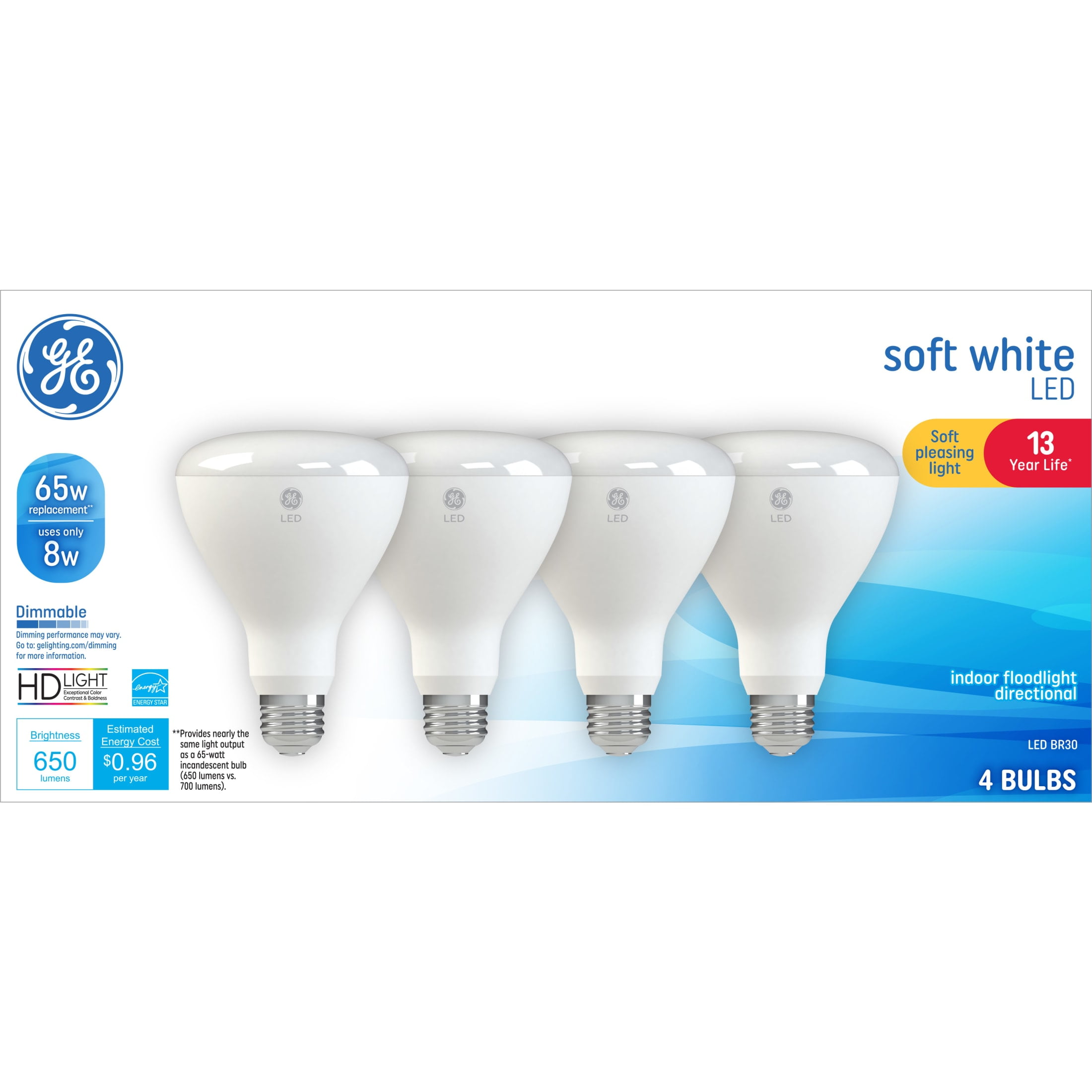 GE Classic LED 65 Watt Replacement, Soft White, BR30 Indoor Floodlight Bulbs (4 Pack)