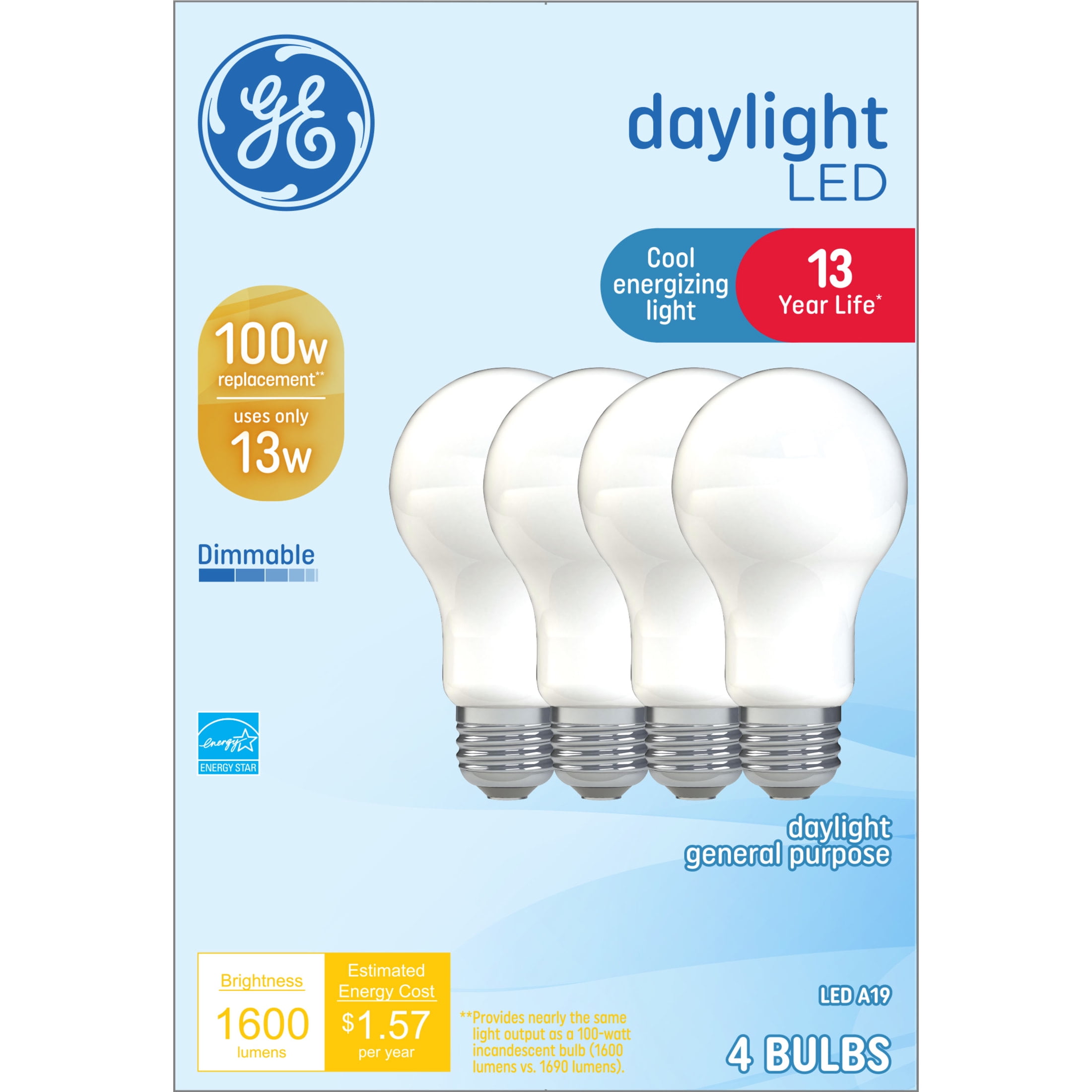 GE Classic LED Light Bulbs, 100 Watt, Daylight, A19 Bulbs, Medium Base