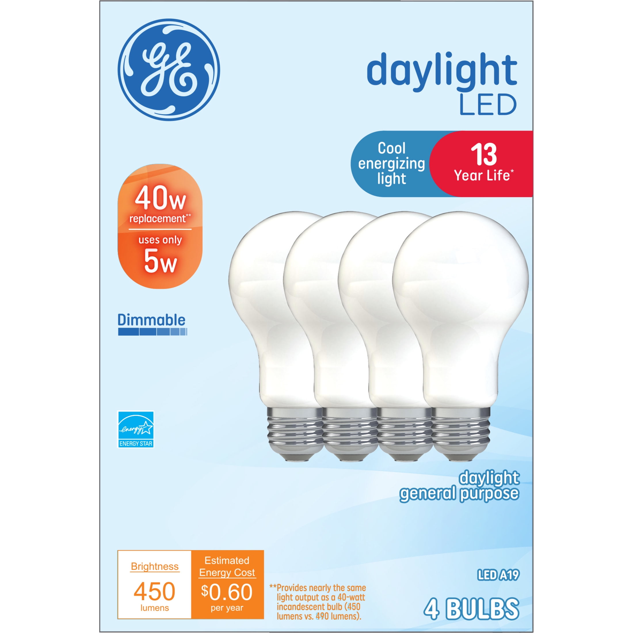 GE Classic LED Light Bulbs, 40 Watts, Daylight, A19 Bulbs, Medium Base