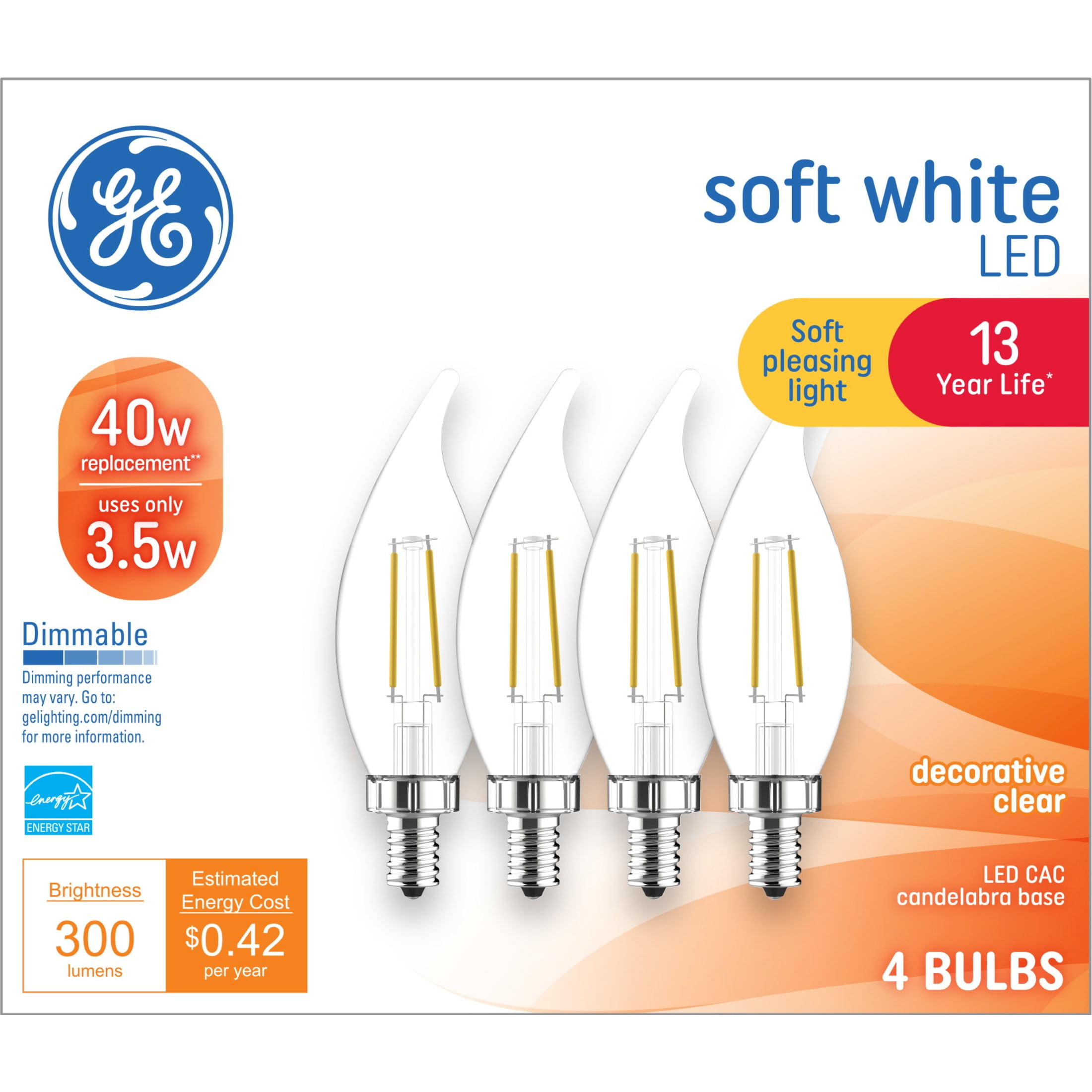 GE Classic LED Light Bulbs, 40 Watts, Soft White, CA11 Bulbs, 4pk
