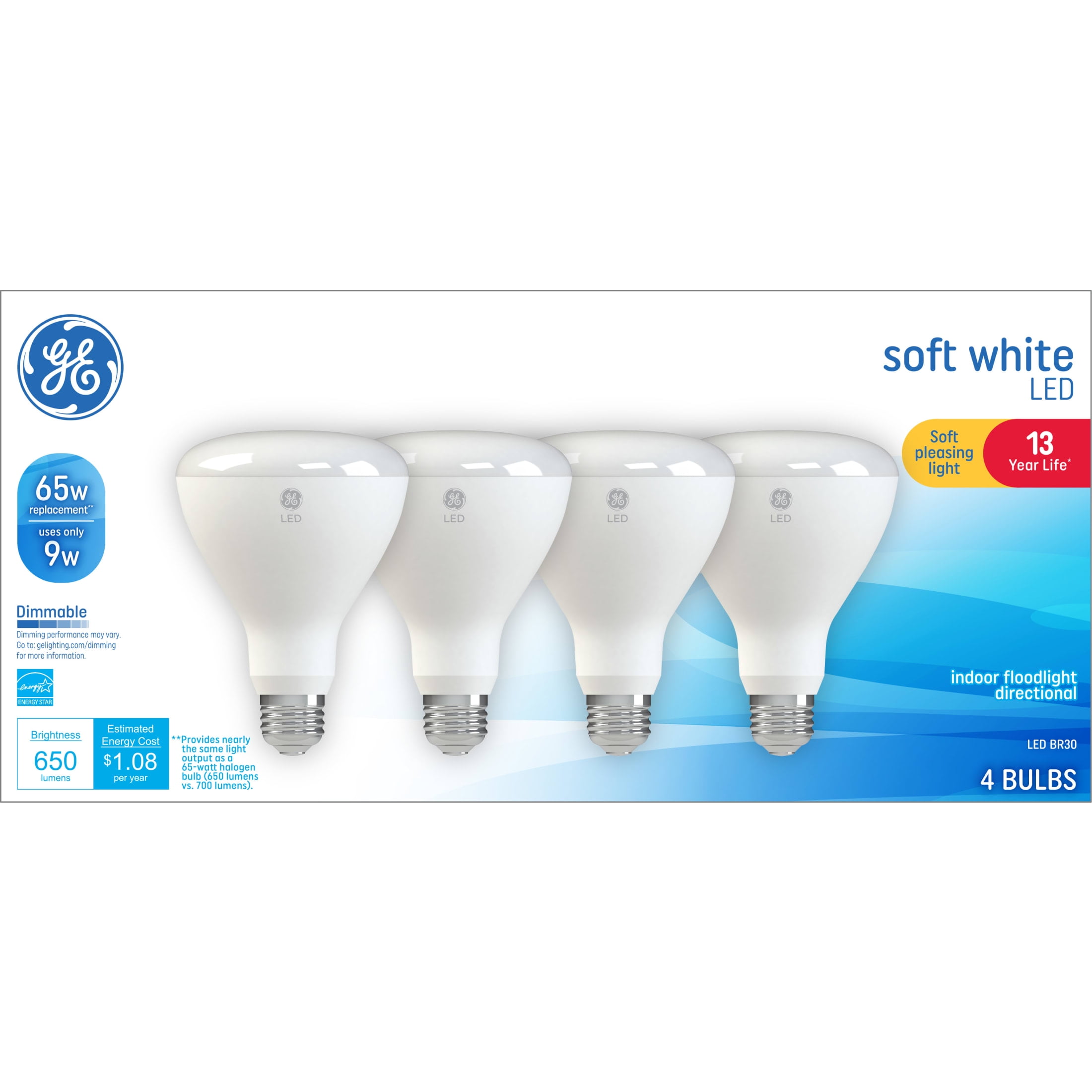 GE Classic LED Light Bulbs, 65 Watt, Soft White, BR30 Floodlights, Medium Base, Frosted Finish