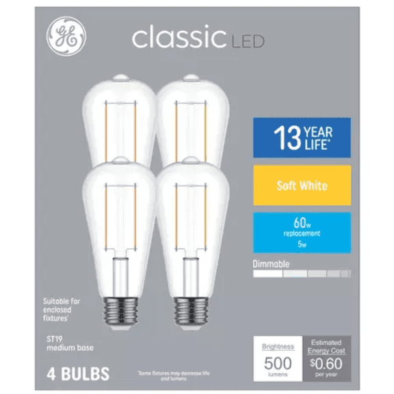 GE Classic Soft White LED Bulbs, ST19 Edison, 60W Equivalent using only 5 watts, 500 lumen, Dimmable, beautiful 2700K (4 Pack)