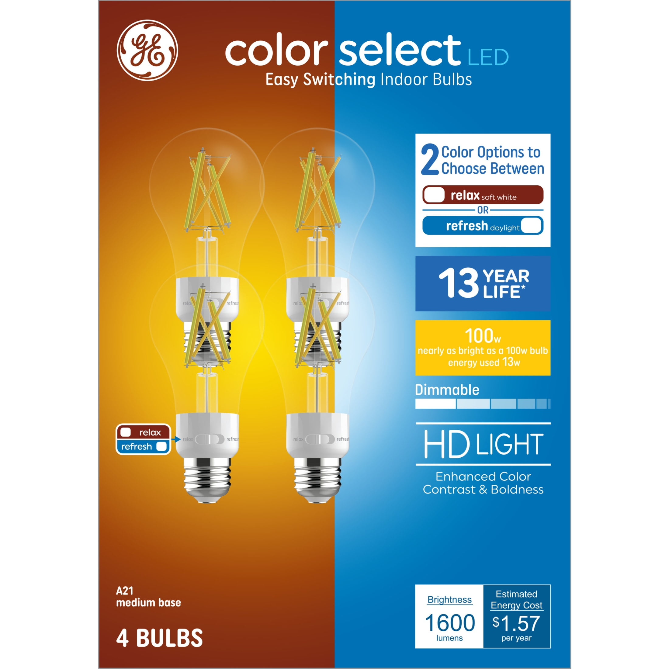 GE Color Select LED Light Bulbs 100 Watt A21 Bulbs Medium Base