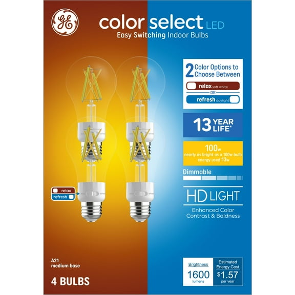 GE Color Select LED Light Bulbs, 100 Watt, A21 Bulbs, Medium Base, 4pk