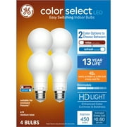 GE Color Select LED Light Bulbs, 40 Watts, A19 Bulbs, Medium Base, 4pk
