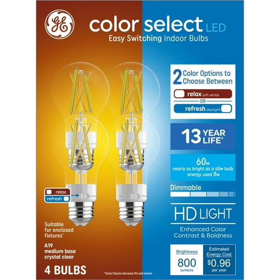 GE Color Select LED Light Bulbs, 60 Watt, A19 Bulbs, Medium Base, 4pk