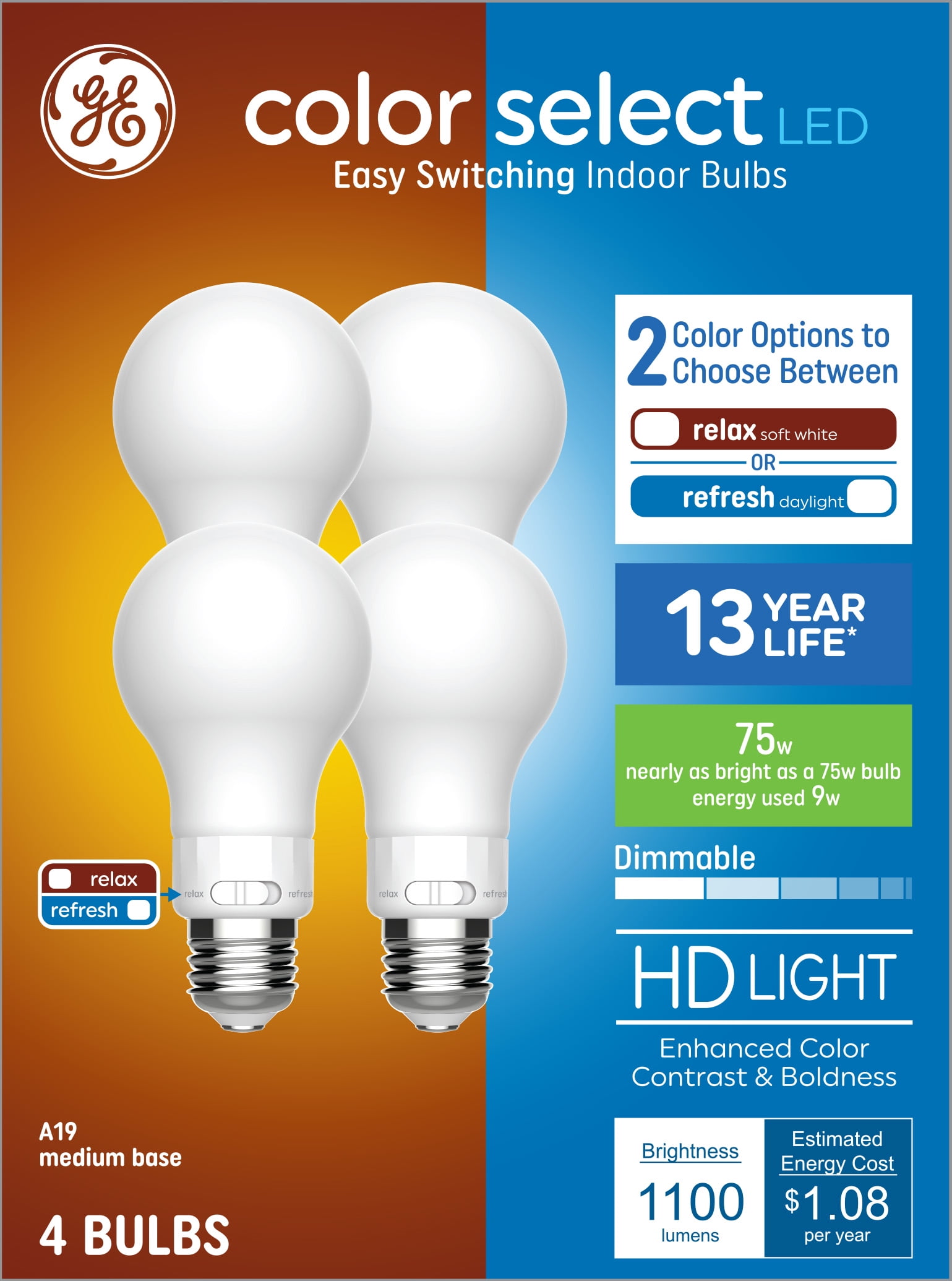 GE Color Select LED Light Bulbs, 75 Watt Eqv, Soft White or Daylight, A19, 13yr, Medium Base