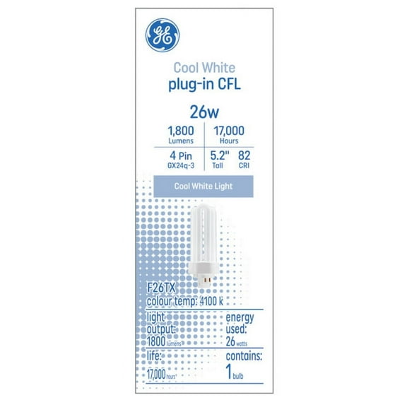 GE Cool White 26 watt Plug-in CFL GX24q-3 Base, 5.2 inch F26TX, 4100K Cool White, 1800 lumen, Compact Fluorescent Light Bulb