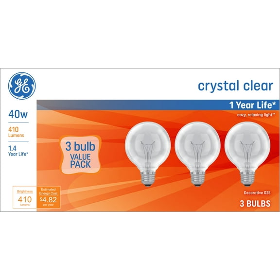 GE Crystal Clear 40 Watt Light Bulbs, G25 Globe Shape Bulbs, Medium Base, Non-Dimmable (3 Pack)