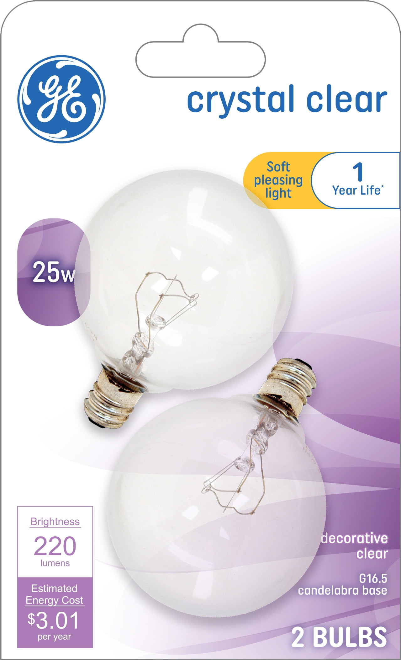 GE Crystal Clear Incandescent Globe Light Bulbs, 25 Watt, G16.5 Bulbs, Candelabra Base, 2pk