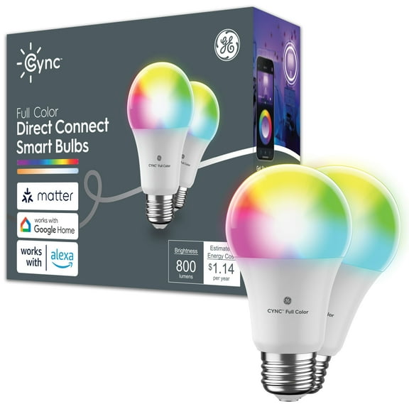 GE Cync A19 Smart LED Light Bulb, Color Changing Indoor Décor Lights, 60 Watts, Medium Base, 2pk