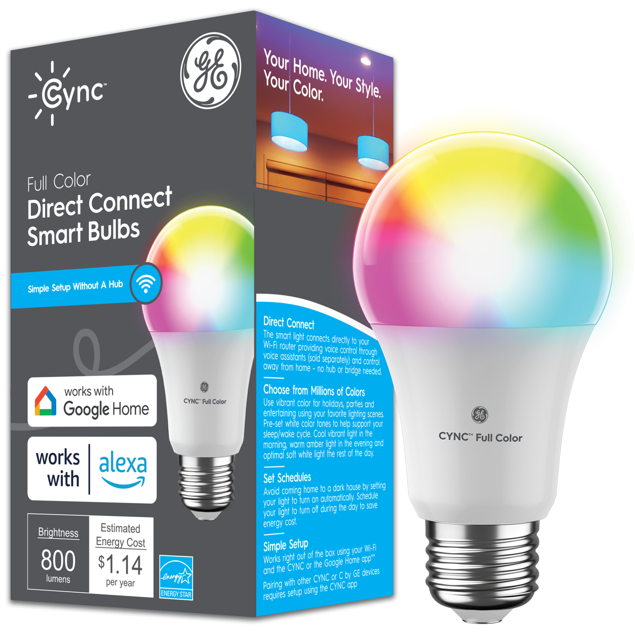 GE Cync A19 Smart LED Light Bulb, Color Changing Indoor Decor Lights, 60 Watts, Medium Base, 1pk - image 1 of 10