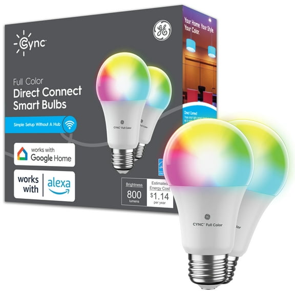 GE Cync A19 Smart LED Light Bulb, Color Changing Indoor Decor Lights, 60 Watts, Medium Base, 2pk