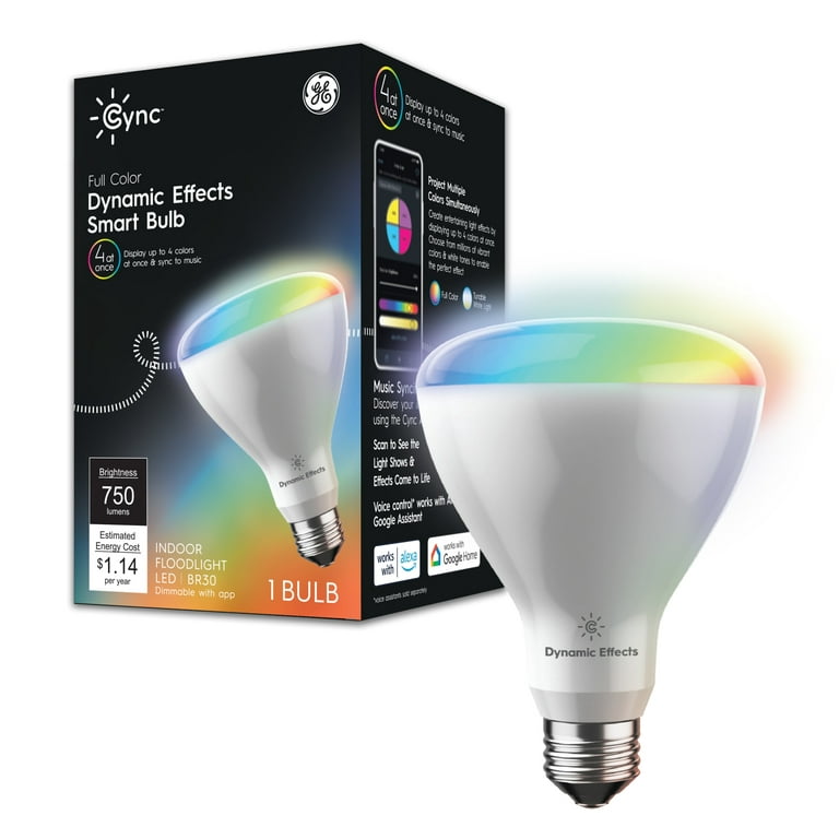 GE Cync Dynamic Effects Smart LED Light Bulb, 65 Watt, Color Changing, BR30 Indoor Floodlight, Medium Base