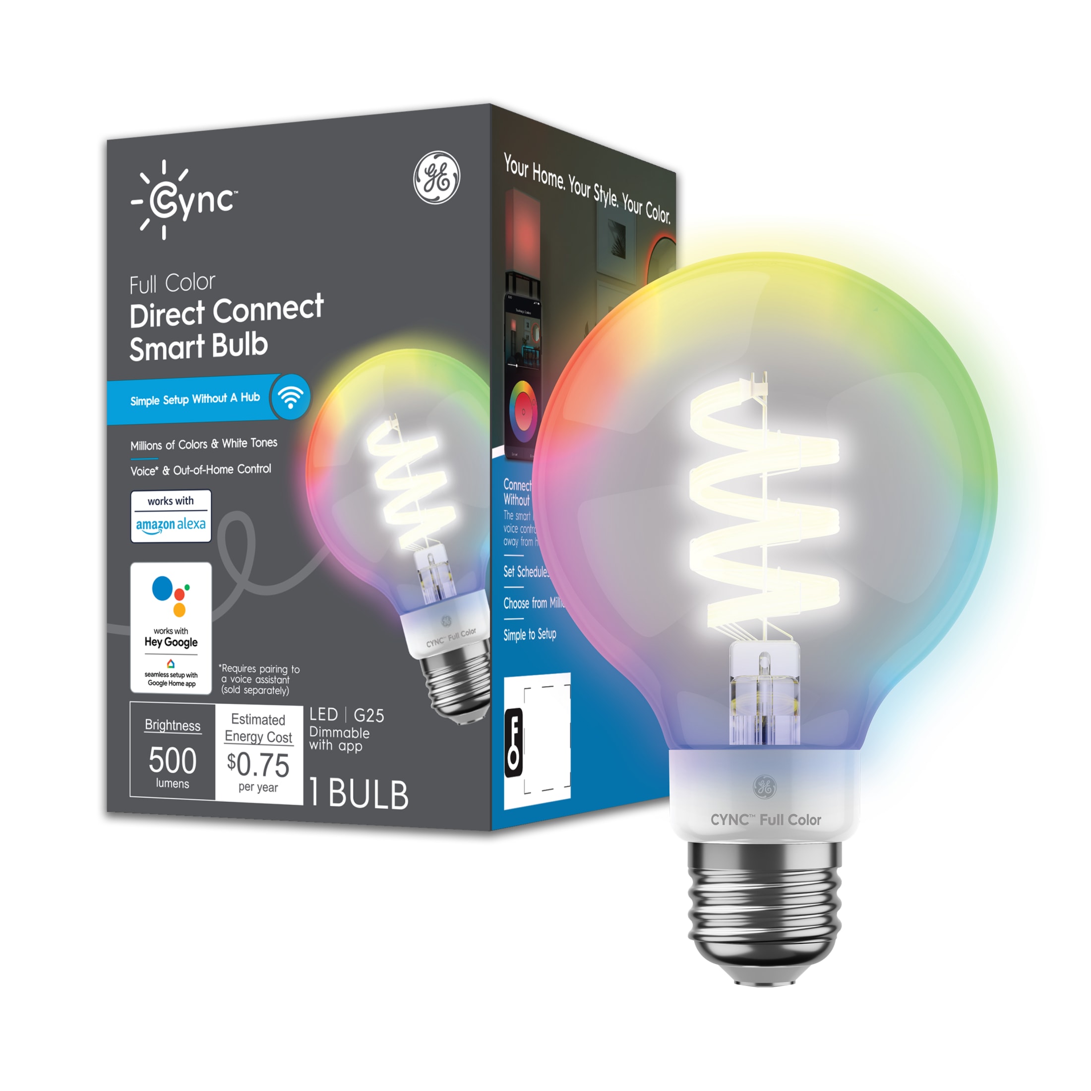 Ge Cync G25 Smart LED Light Bulb, Color Changing WiFi Lights, 60 Watts, Medium Base, 1pk, Size: 1 Pack