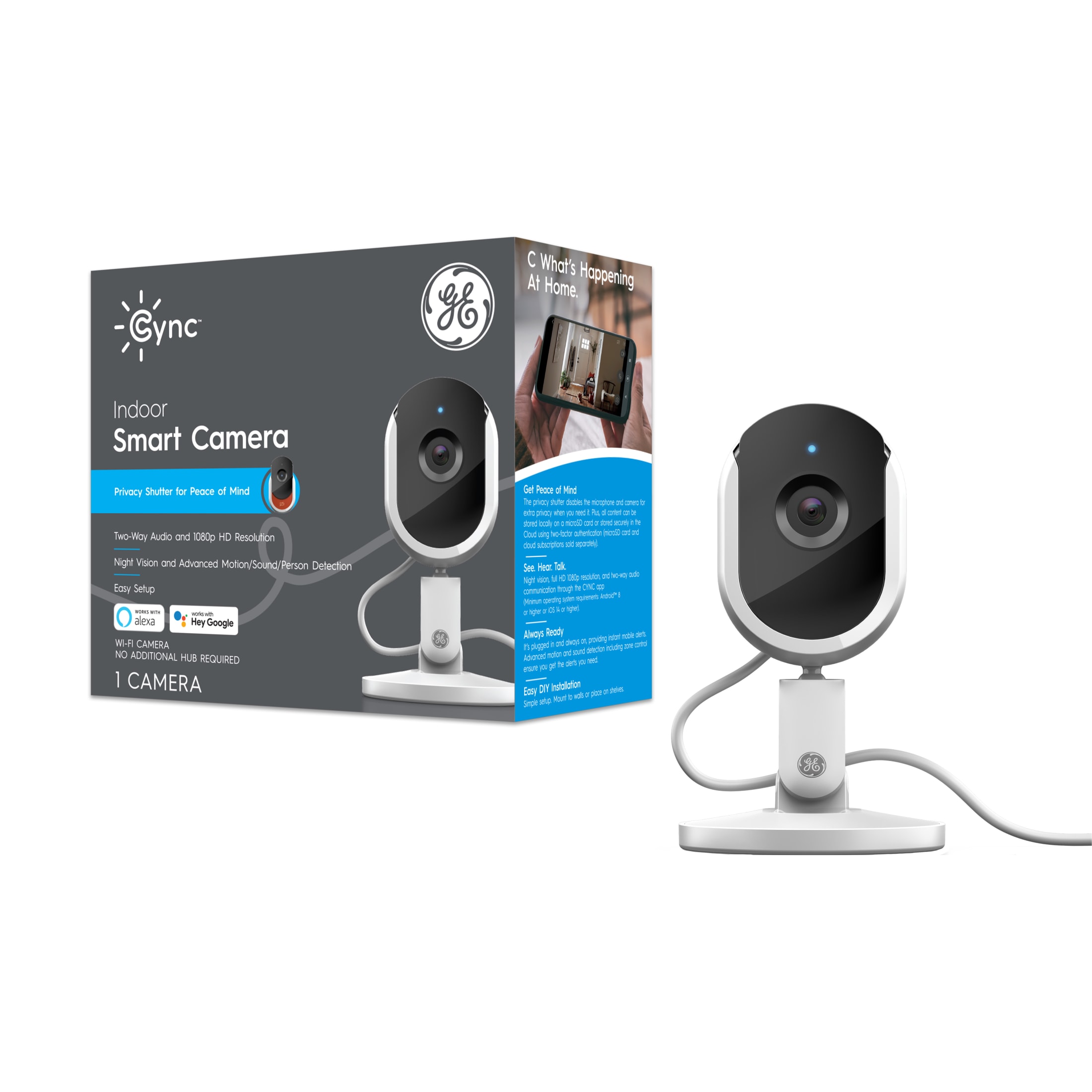 Ge Cync Smart Indoor Security Camera with Night Vision, Baby Monitor, 1080p Resolution, 1pk, White