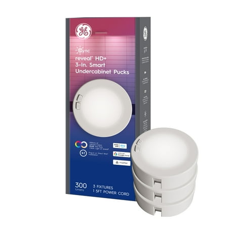 GE - Cync Reveal Smart LED Undercabinet Puck Lights 3in (3 Pack) - Color Changing - White