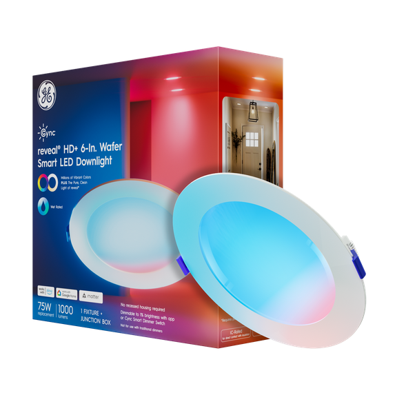 GE Cync Reveal Smart LED Wafer Downlight, Color Changing WiFi Light, Matter Compatible, Works with Alexa and Google Home, 6in