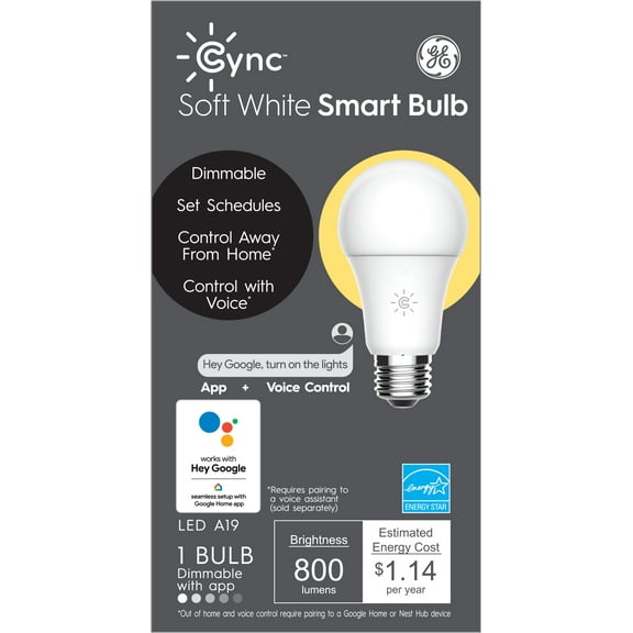 GE Cync Smart LED Light Bulb, 60 watts, Soft White, App and Voice Control, Google Home Compatible, Medium Base