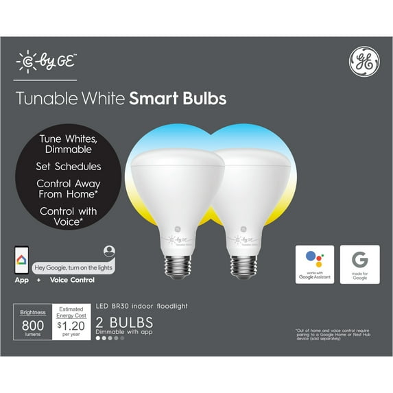 GE Cync Smart LED Light Bulbs, 65 Watt, Tunable White, BR30 Indoor Floodlights, Medium Base, 2pk