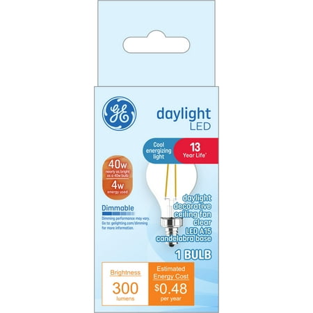 GE Daylight LED Ceiling Fan Light Bulb, 40 Watt Eqv, A15 Bulb, Small Base, 13yr, Medium Base