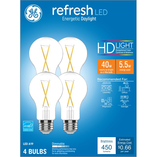 GE Daylight LED Light Bulbs, 40 Watt Eqv, A19 General Purpose, Medium Base, 4pk (CEC)