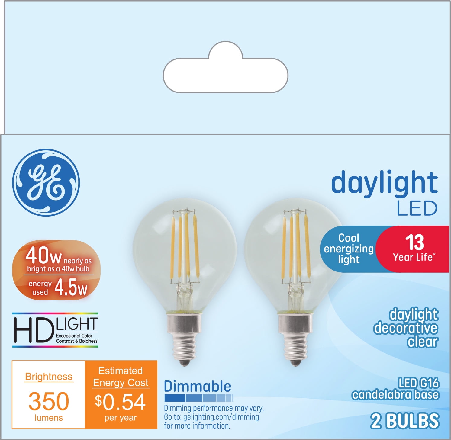 GE Daylight LED Light Bulbs, 40 watts Eqv, G16 Globe Bulbs, Candelabra