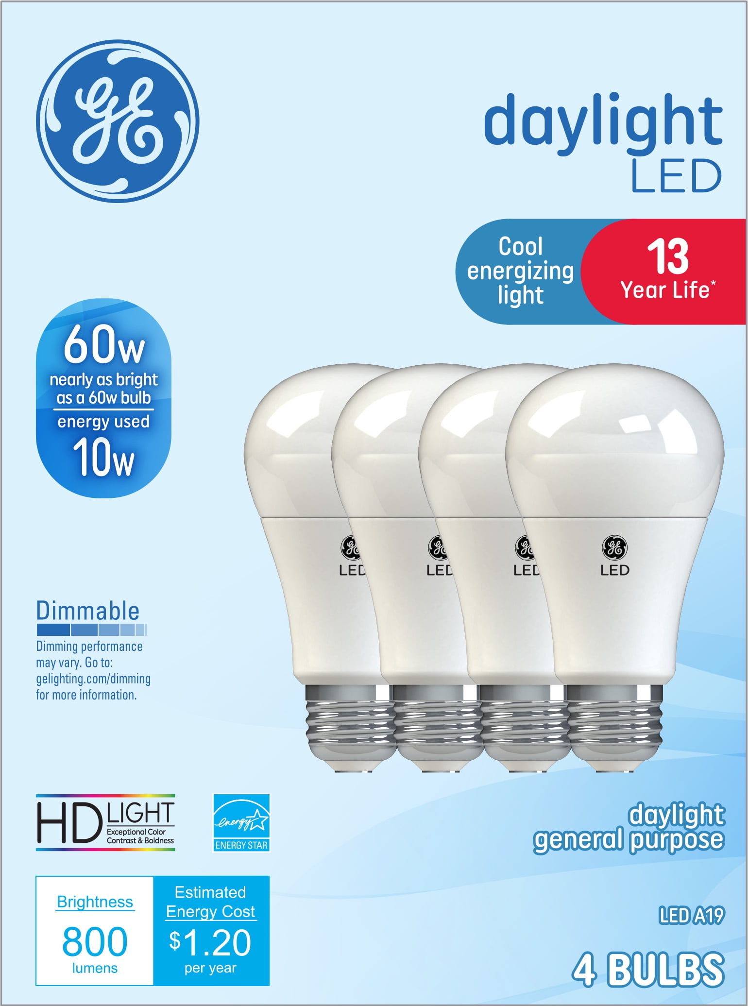 GE Daylight LED Light Bulbs, 60 Watt Eqv, A19 General Purpose, Medium Base, 4pk