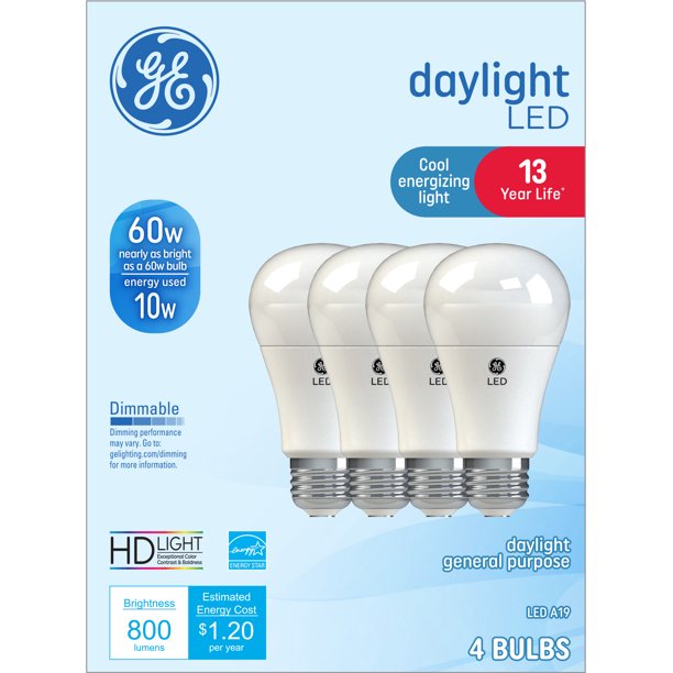 GE Daylight LED Light Bulbs, 60 Watt Eqv, A19 General Purpose, Medium