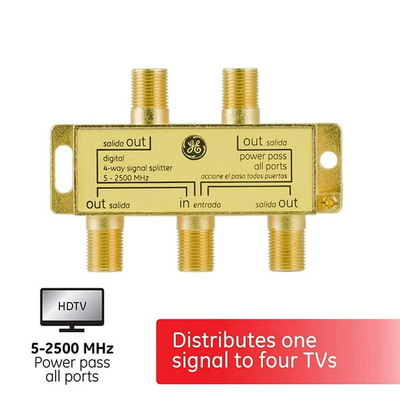 GE Digital 4-Way Coaxial Cable Splitter, 2.5 GHz 5-2500 MHz, RG6 Compatible, Works with HD TV, Satellite, High Speed Internet, Amplifier, Antenna, Gold Plated Connectors, Corrosion Resistant, 33527