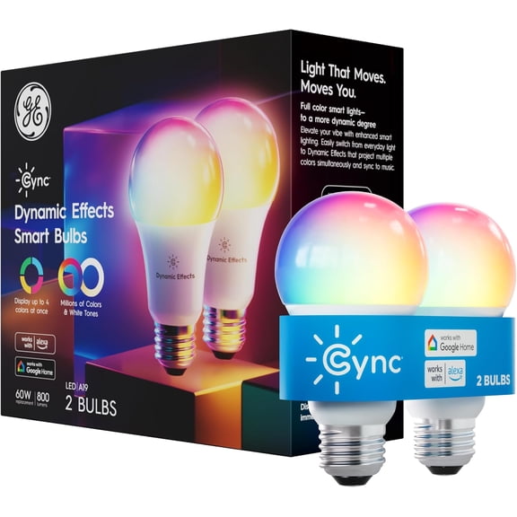 GE Dynamic Effects A19 LED Smart Light Bulbs, Bluetooth and WiFi Color Changing Lights with Music Sync, Compatible with Alexa and Google Home (2 Pack)