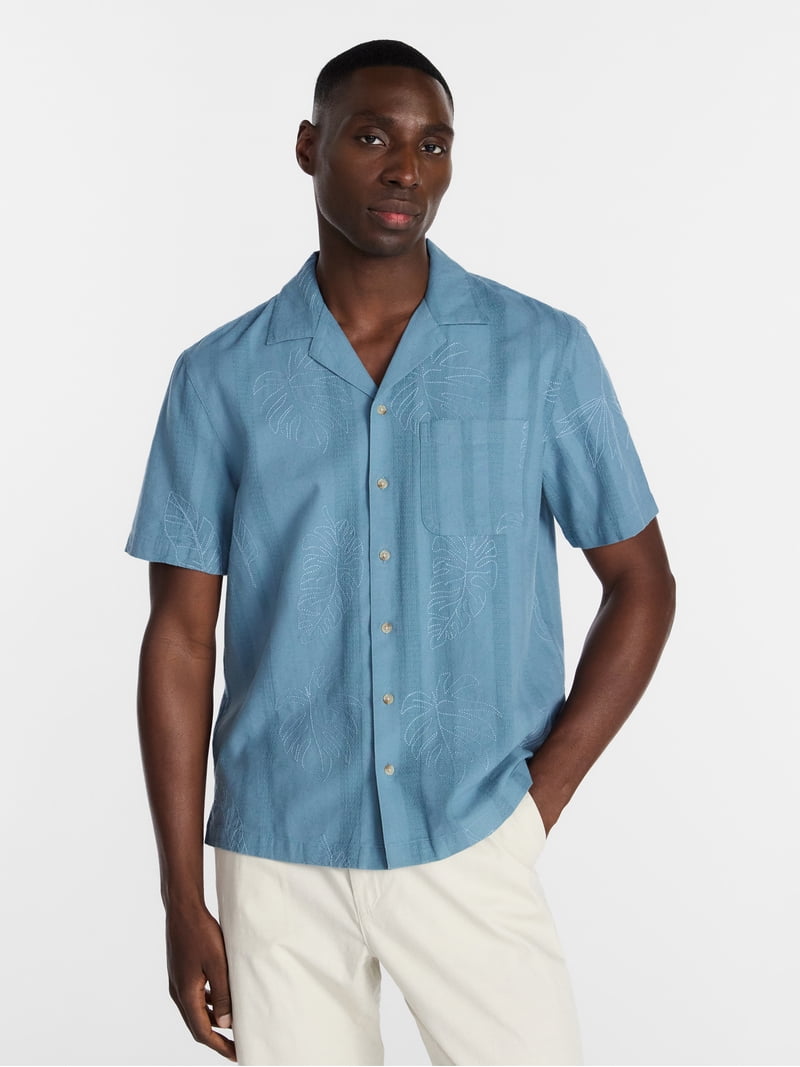 mens dress camp shirts George Men's Embroidered Camp Shirt with Short Sleeves, Sizes S-5xl, Blue