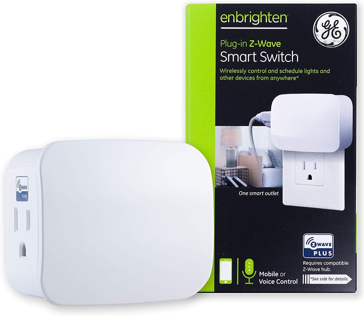GE Enbrighten Z-Wave Plus 1-Outlet Plug-In Smart Switch, Z-Wave Hub  Required, 28169 