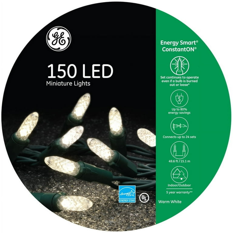 GE Energy Smart 150 Count 49.6 ft Constant Warm White Mini LED Plug In Christmas String Lights ENERGY STAR