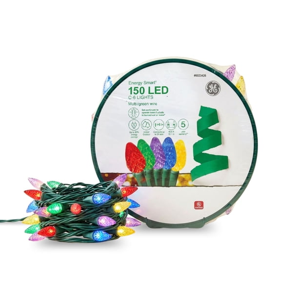 GE Energy Smart 150 LED Lights, C-6 Faceted Multi Color String Lights with Green Wire, 49.6 ft length Indoor/Outdoor Decorative Lighting Set