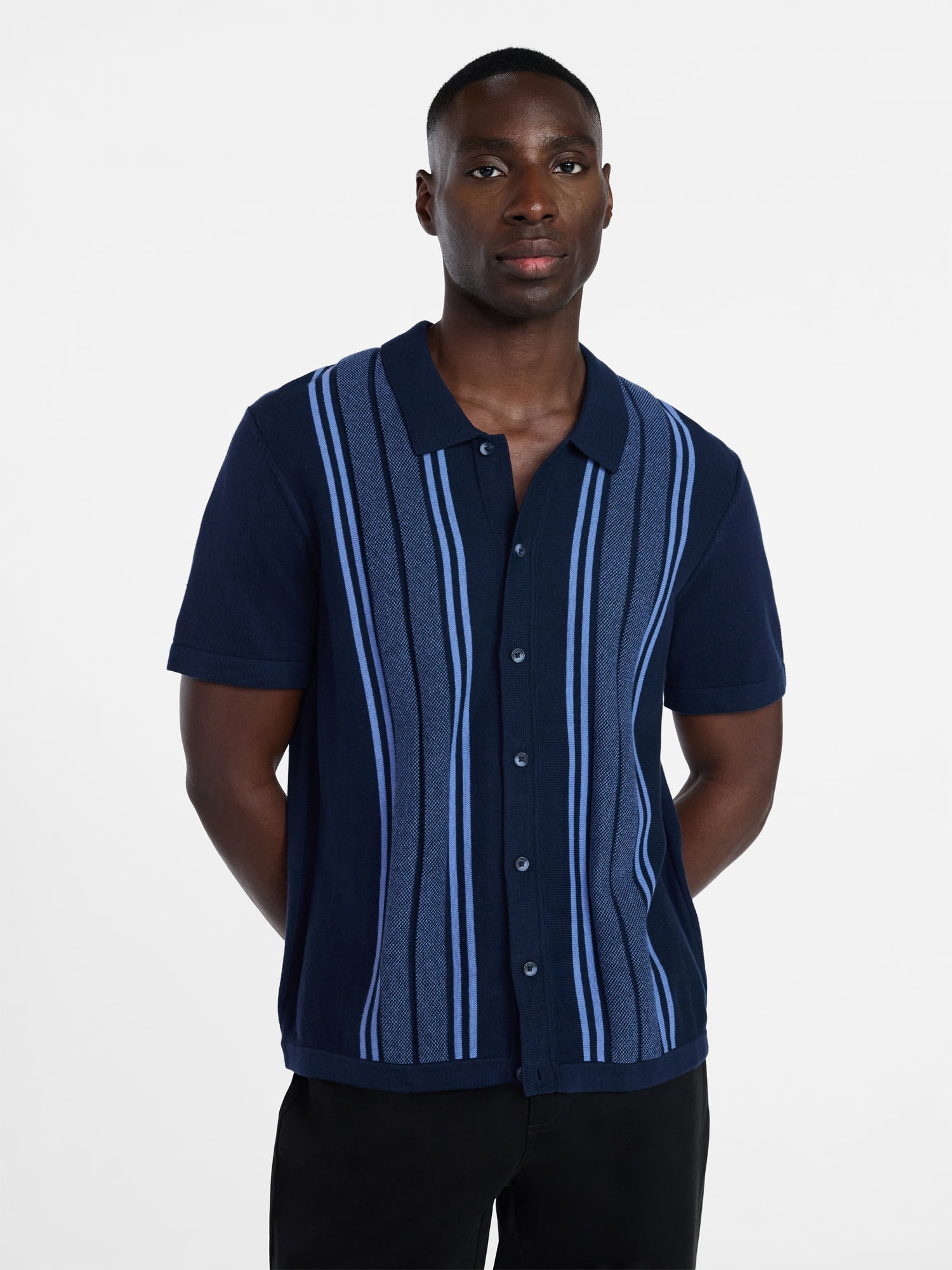 George Men's Cotton Button Front Polo Sweater with Short Sleeves