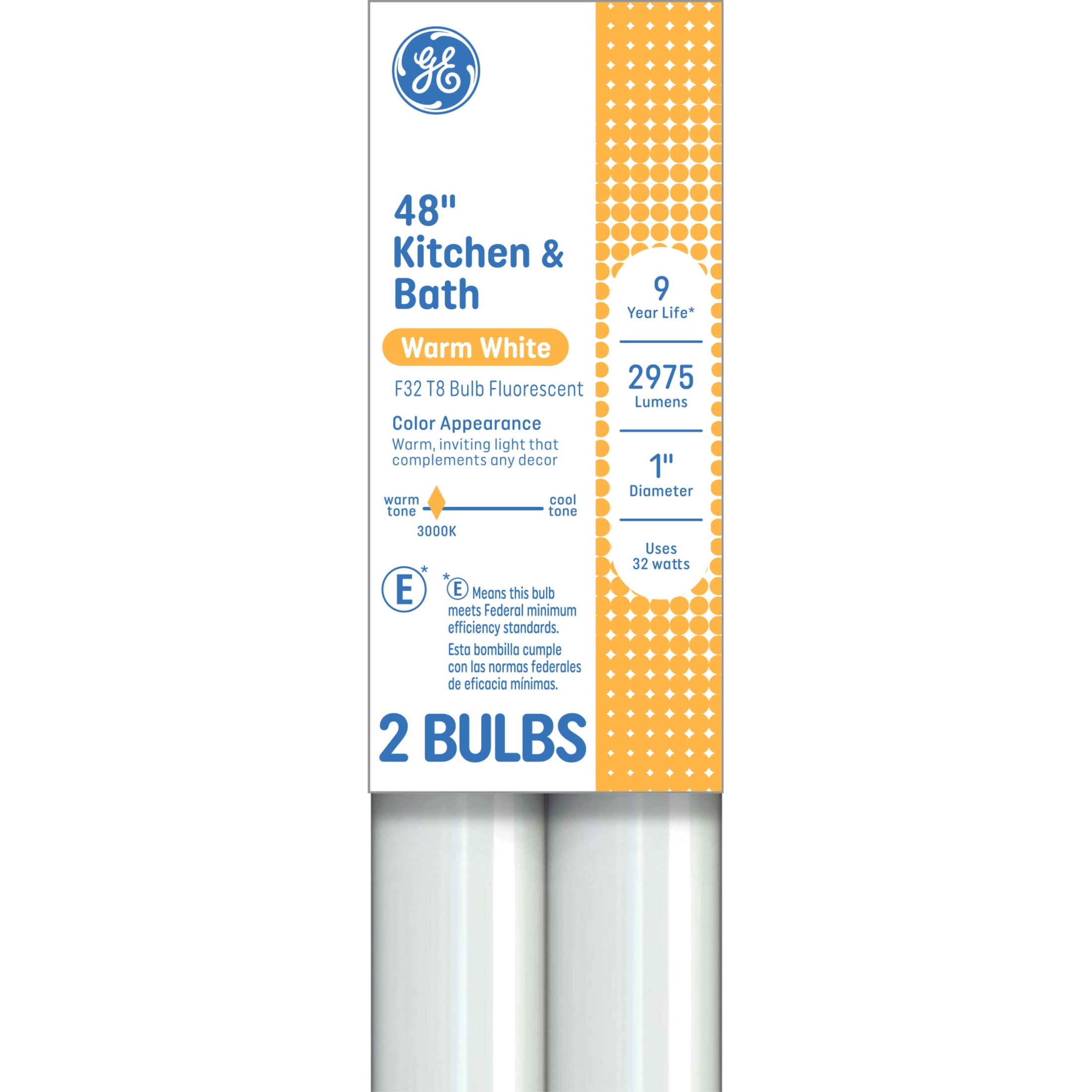 GE Fluorescent Tube Light Bulbs, 32 Watt, Warm White, 48in, T8 Bulb, G13 Base, 2pk