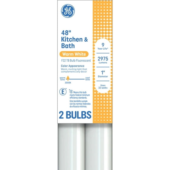 GE Fluorescent Tube Light Bulbs, 32 Watt, Warm White, 48in, T8 Bulb, G13 Base, 2pk