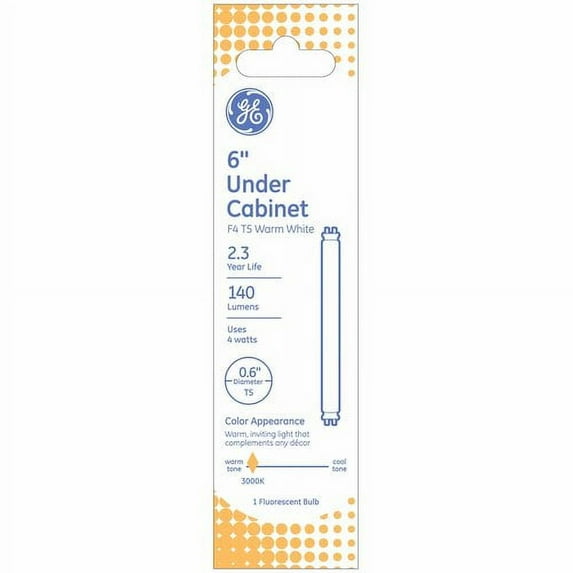 GE Fluorescent Under Cabinet Tube Light, 4 Watt, Warm White, F4 T5 Tube Light, 6 inches, 1pk