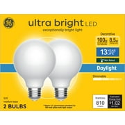 GE G25 Ultra Bright LED Light Bulbs, Daylight 100 Watts Globe Light Bulbs, 2pk