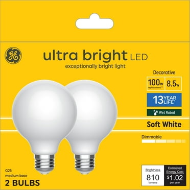 GE G25 Ultra Bright LED Light Bulbs, Soft White, 100 Watts Globe Light Bulbs, 2pk