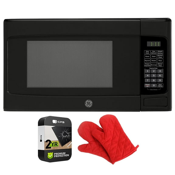 GE GCST11N1WBB 1.1 Cu. Ft. Capacity 950-Watt Countertop Microwave Oven Bundle with 2 YR CPS Enhanced Protection Pack and Deco Chef Pair of Red Heat Resistant Oven Mitt